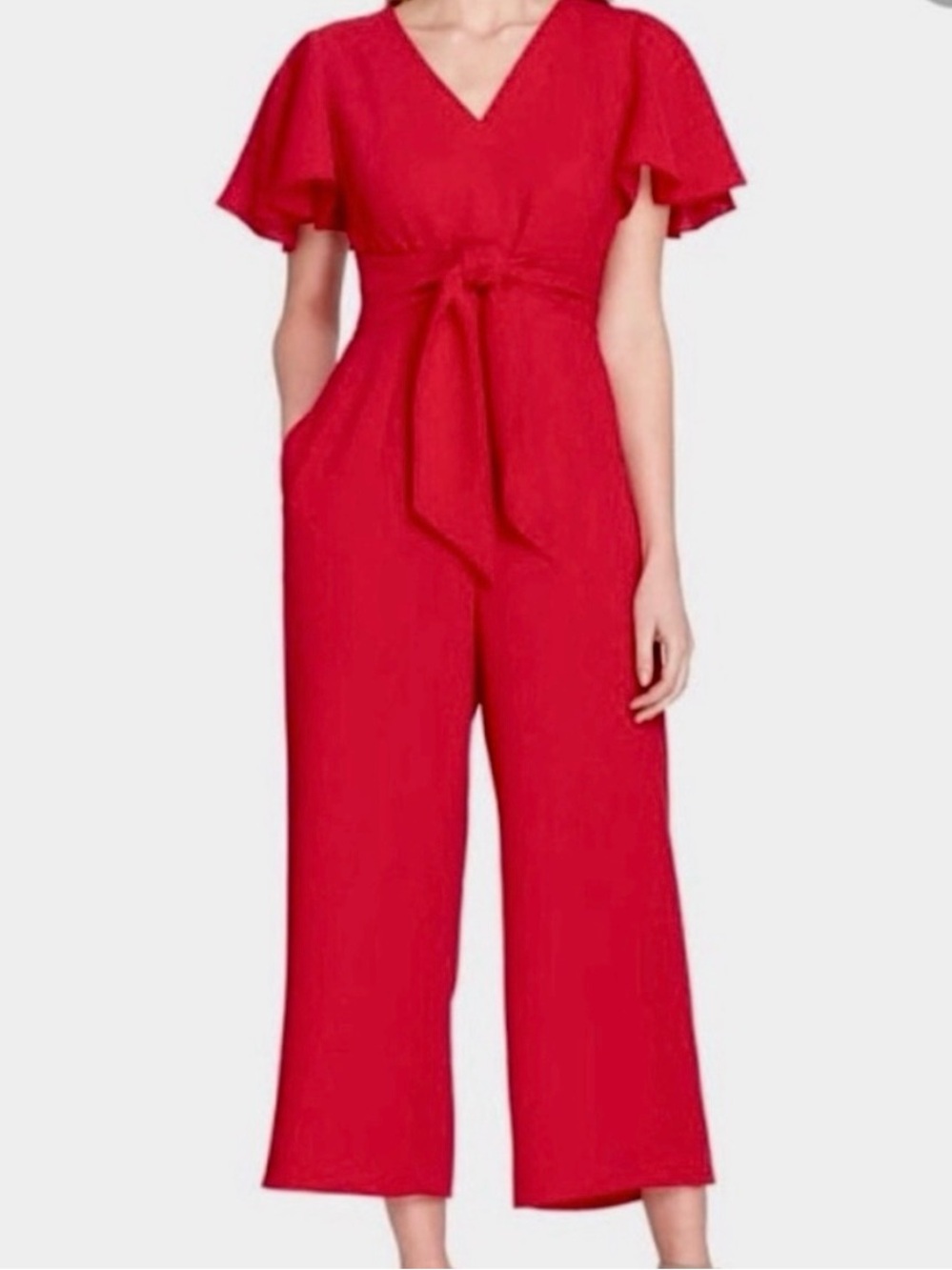 Tahari ASL V-Neck Red Wide-Leg Jumpsuit with Tie Waist NWT
